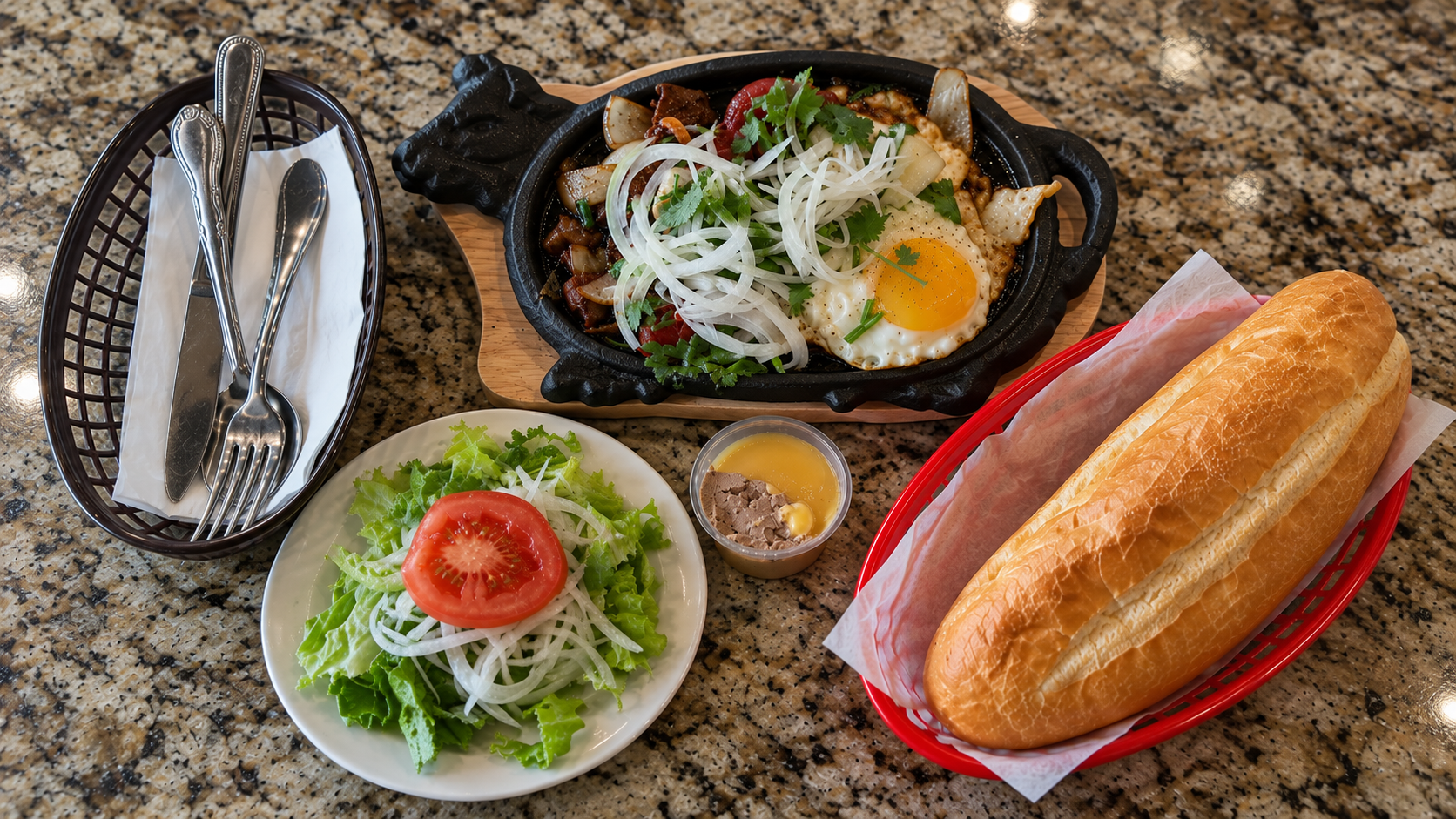 Bò né sizzling cast-iron plate with eggs and baguette