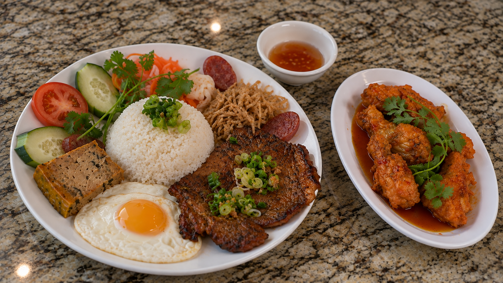 Cơm tấm plate with grilled pork, fried egg, and chili wings