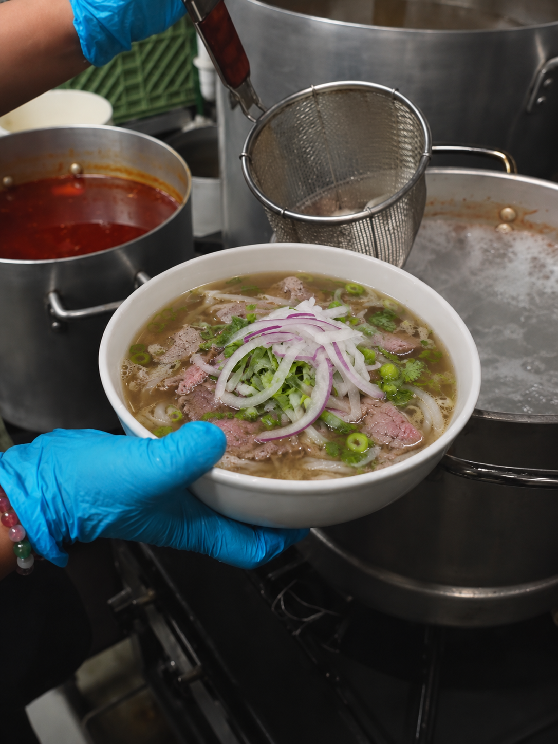 Chef holding a freshly made phở bowl over a simmering broth pot in the kitchen